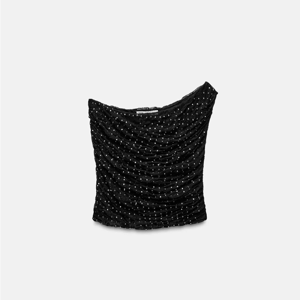 ZARA Brand New Asymmetric Lace Crop Top with Jewels